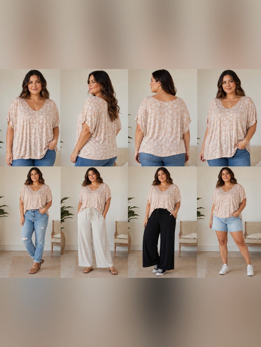 Plus Size Light Pink Animal Print V-Neck Top